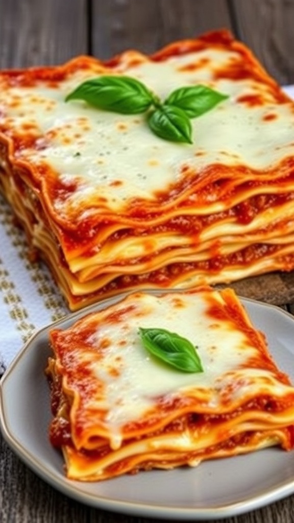 A mouthwatering lasagna with cheese, tomato sauce, and basil on a wooden table.